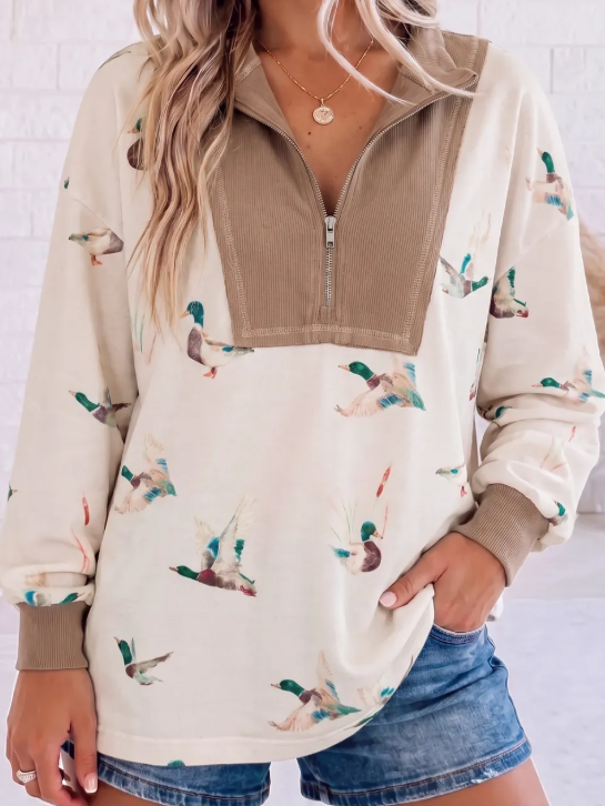 Kristy Beige Wild Mallard Print Color Block Patchwork Zip Neck Tunic Top