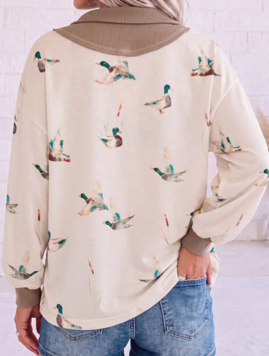 Kristy Beige Wild Mallard Print Color Block Patchwork Zip Neck Tunic Top