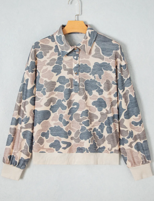 Jolena Casual Camouflage Collar Pullover Sweatshirt
