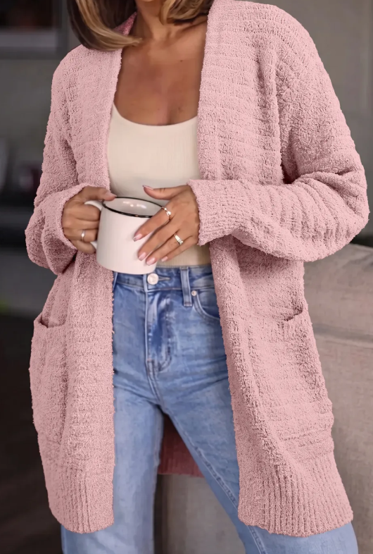 Vivien Light Pink Open Front Soft Fuzzy Ribbed Sweater Cardigan