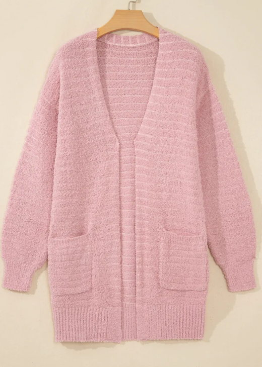 Vivien Light Pink Open Front Soft Fuzzy Ribbed Sweater Cardigan