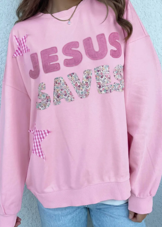 Jesus Saves Pink Patchwork Stars Plaid Unique Floral Letters Baggy Sweatshirt