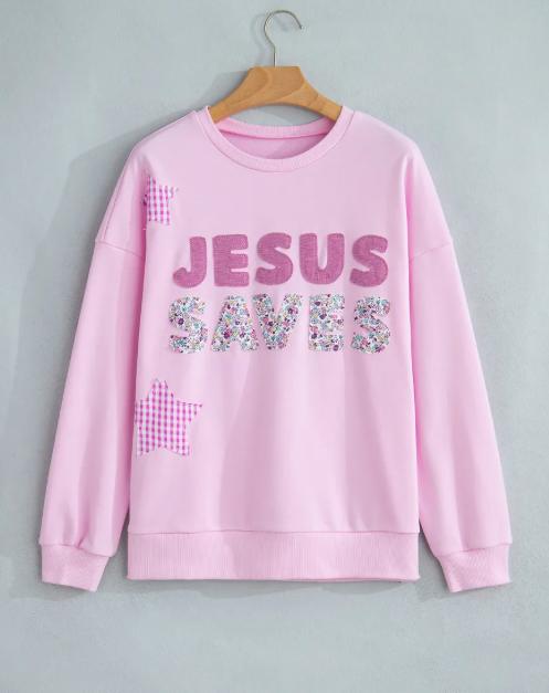 Jesus Saves Pink Patchwork Stars Plaid Unique Floral Letters Baggy Sweatshirt