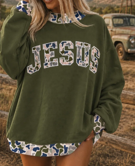 Jesus Four Leaf Clover Western Contrast Detail Letter Graphic Baggy Sweatshirt