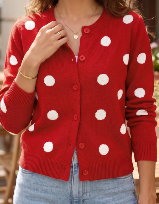Allie Red Polka Dot Button Front Long Sleeve Sweater Cardigan