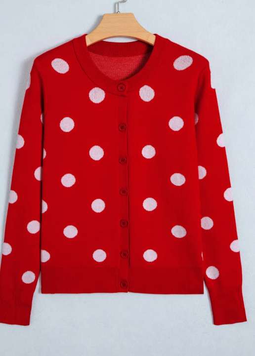 Allie Red Polka Dot Button Front Long Sleeve Sweater Cardigan