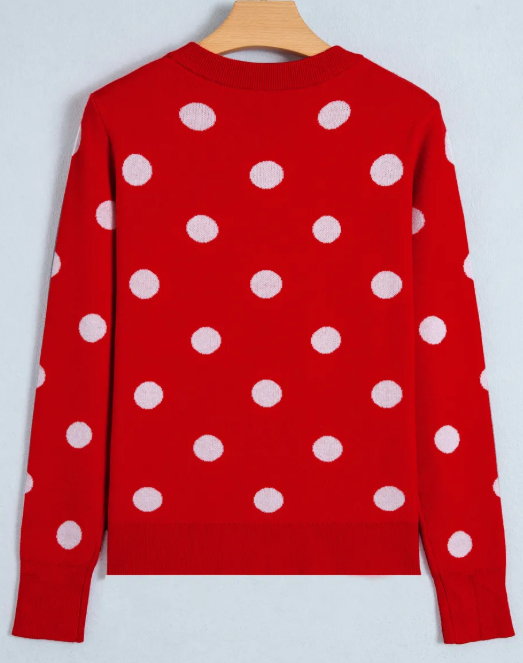 Allie Red Polka Dot Button Front Long Sleeve Sweater Cardigan