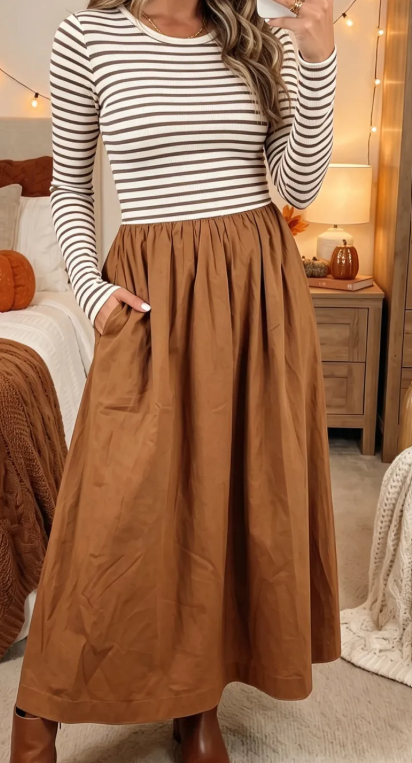 Mady Brown Stripe Ribbed Knit Long Sleeve Bodice Contrast Patchwork Flared Dress