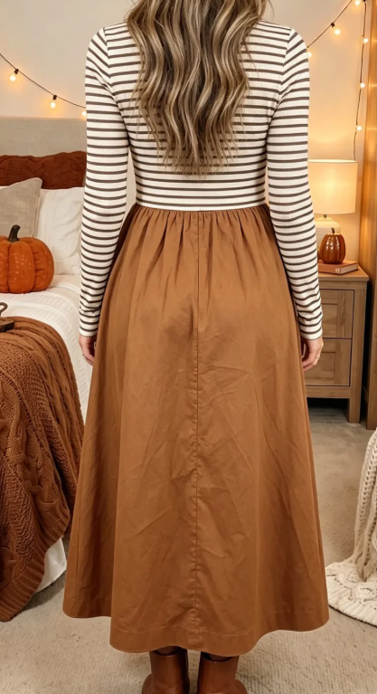 Mady Brown Stripe Ribbed Knit Long Sleeve Bodice Contrast Patchwork Flared Dress