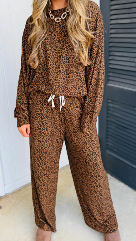 Rayanne Brown Leopard Print Long Sleeve Top Relaxed Pant Set