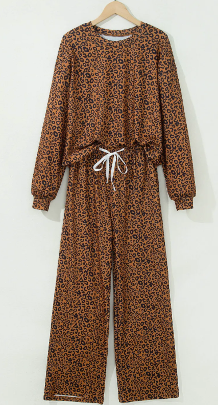 Rayanne Brown Leopard Print Long Sleeve Top Relaxed Pant Set
