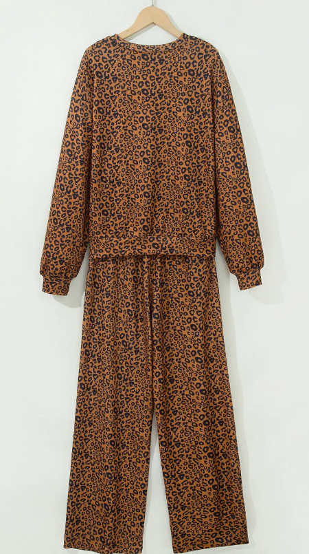Rayanne Brown Leopard Print Long Sleeve Top Relaxed Pant Set