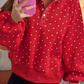 Lunette Red Polka Dot Print Metal Button Collar Casual Pullover Sweatshirt