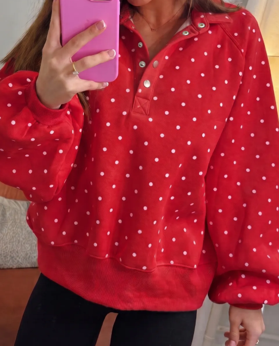 Lunette Red Polka Dot Print Metal Button Collar Casual Pullover Sweatshirt