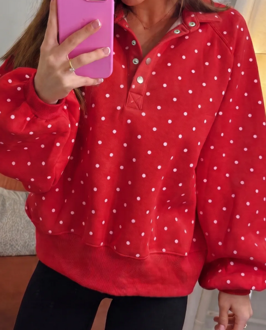 Lunette Red Polka Dot Print Metal Button Collar Casual Pullover Sweatshirt