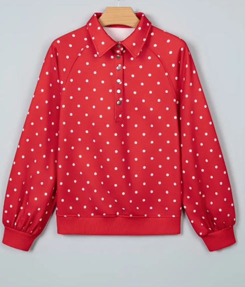 Lunette Red Polka Dot Print Metal Button Collar Casual Pullover Sweatshirt