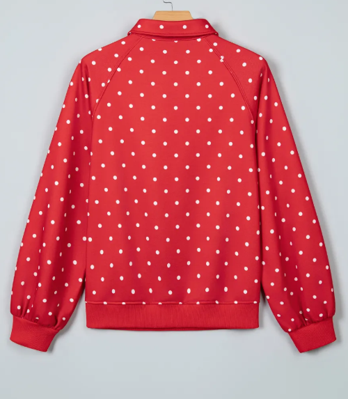 Lunette Red Polka Dot Print Metal Button Collar Casual Pullover Sweatshirt