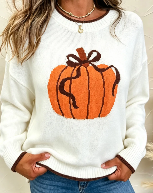Jolena Pumpkin Pattern Casual Pullover Sweater