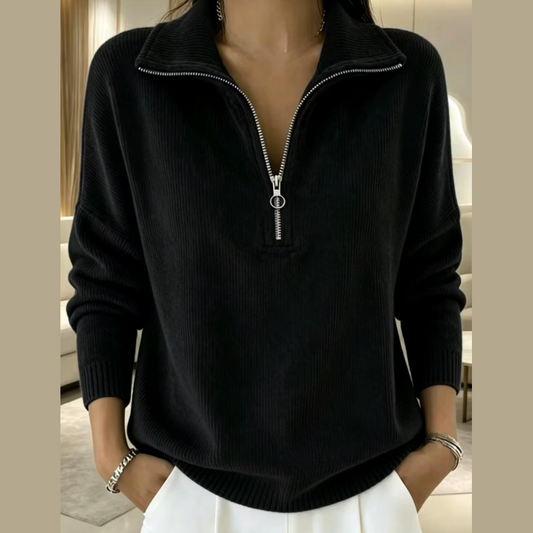 Anastasia Black Ribbed Half‑Zip Pullover