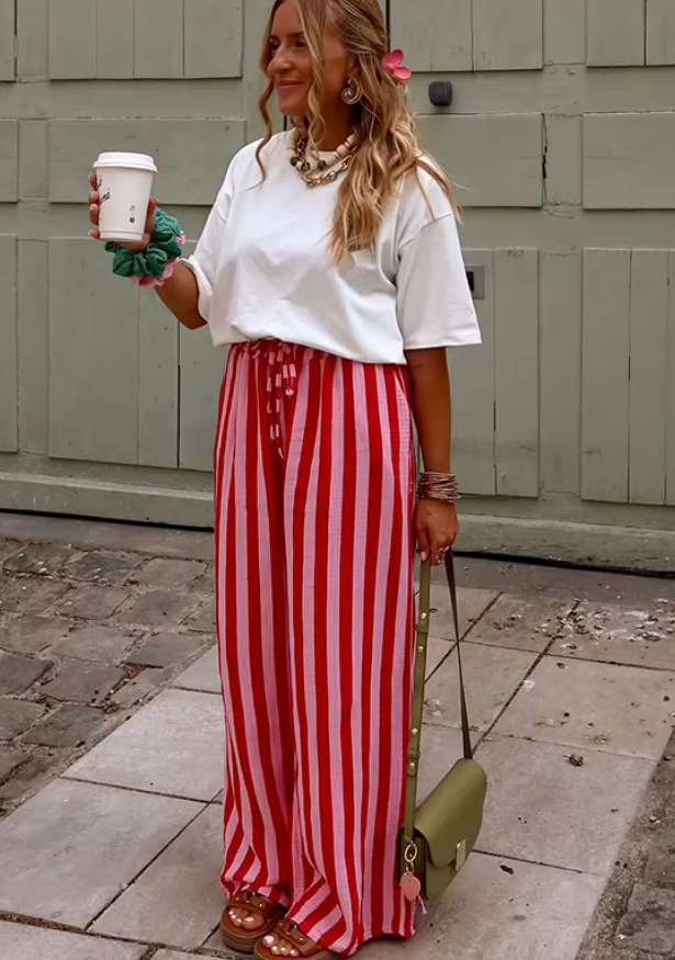 Robelle Red Wide‑Leg Vertical Stripe Pants