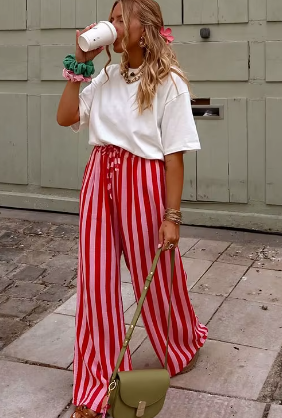 Robelle Red Wide‑Leg Vertical Stripe Pants
