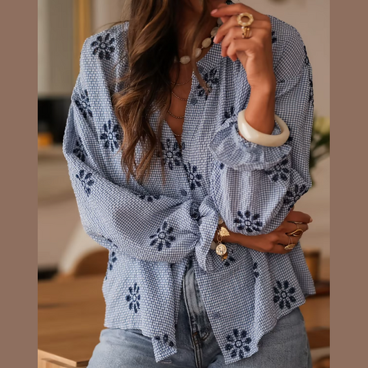 Morticia Blue Drop Shoulder Button Up Blouse