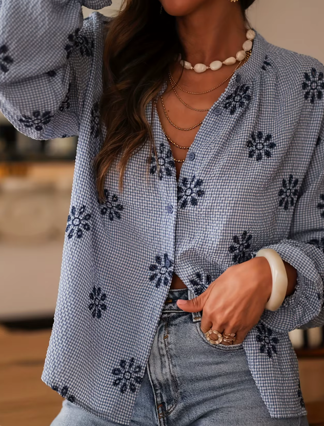 Morticia Blue Drop Shoulder Button Up Blouse