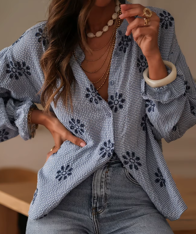 Morticia Blue Drop Shoulder Button Up Blouse