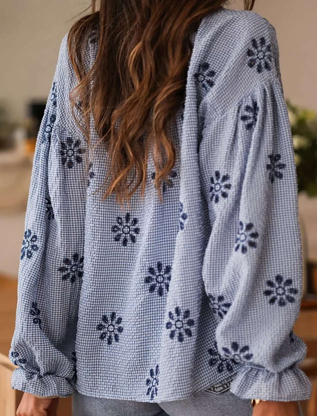 Morticia Blue Drop Shoulder Button Up Blouse