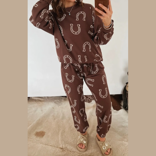 Cristi Brown Western Print Elastic Waist Pocket 2pcs Pant Set