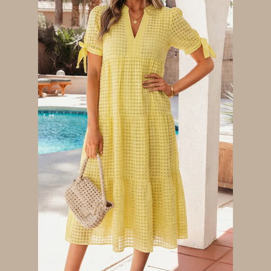 RTS Yellow Gingham Textured Bow Tie Short Sleeve Tiered Midi Dress