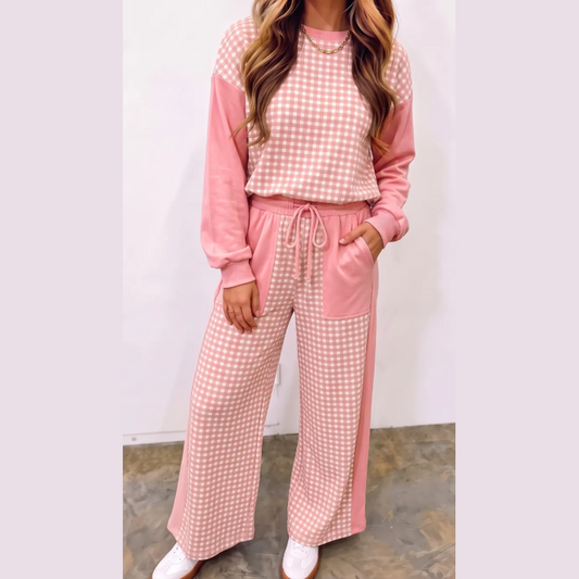 Kailey Pink Color Block Plaid Patchwork Long Sleeve Pullover Wide Leg Pant Set