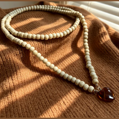 Beaded Necklace With Heart Pendant - 5 Colors