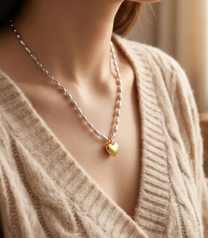 Oval Bead Necklace Featuring Heart Accent