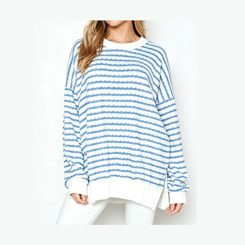 Corby Light Blue Striped Oversized Textured Top