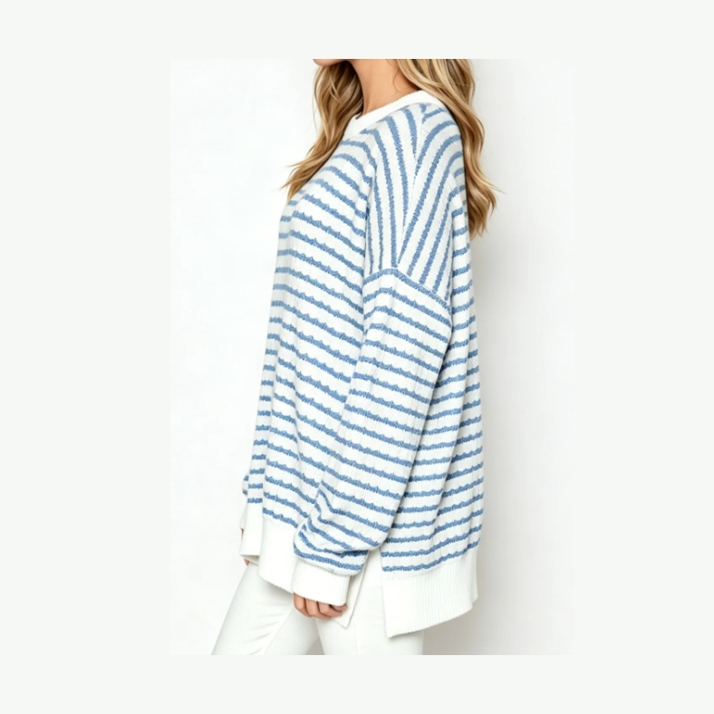 Corby Light Blue Striped Oversized Textured Top