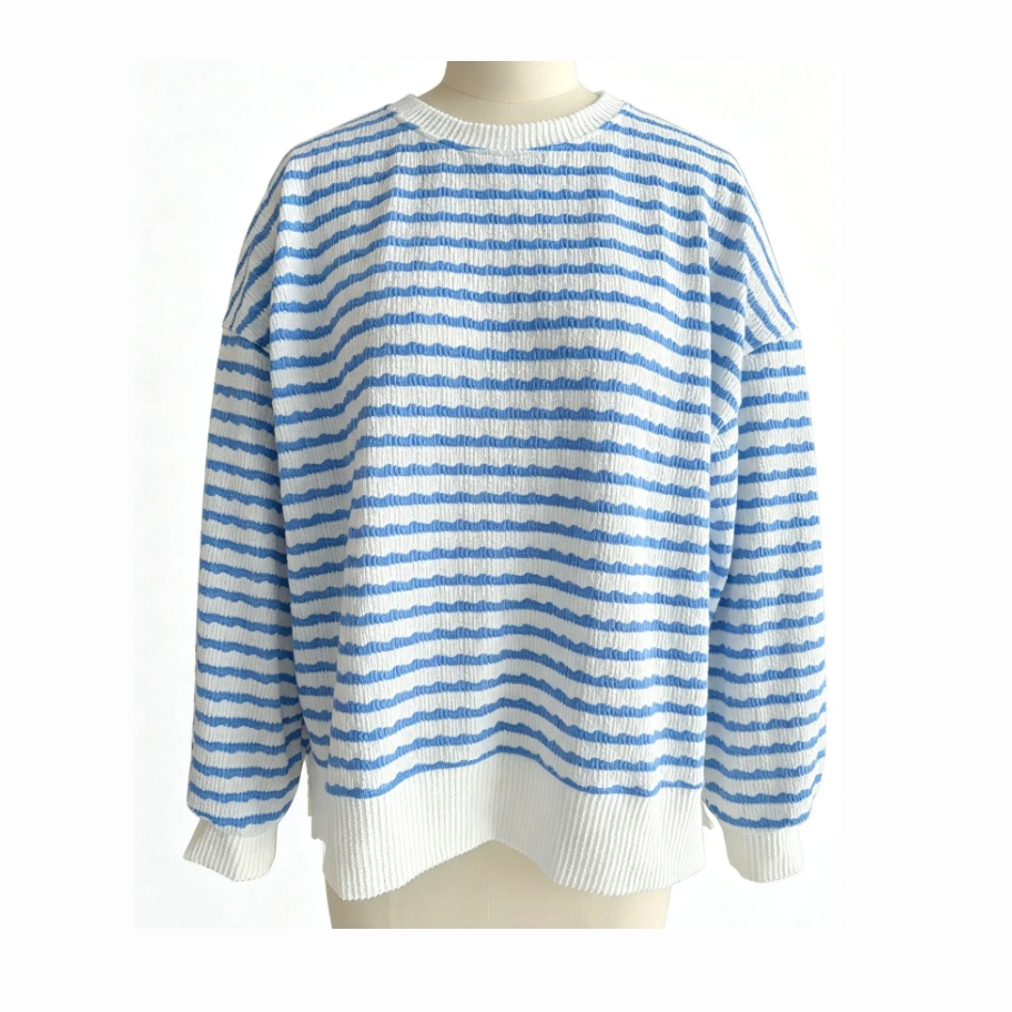 Corby Light Blue Striped Oversized Textured Top
