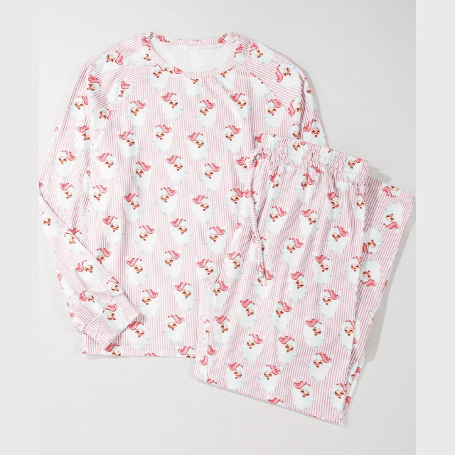 Pink Santa Claus Striped Print Loose Fit Two Piece Lounge Set