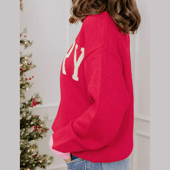 Merry Red Drop Shoulder Round Neck Letter Print Colorblock Sweater