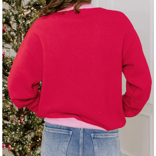 Merry Red Drop Shoulder Round Neck Letter Print Colorblock Sweater