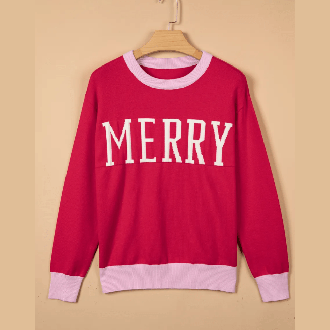 Merry Red Drop Shoulder Round Neck Letter Print Colorblock Sweater