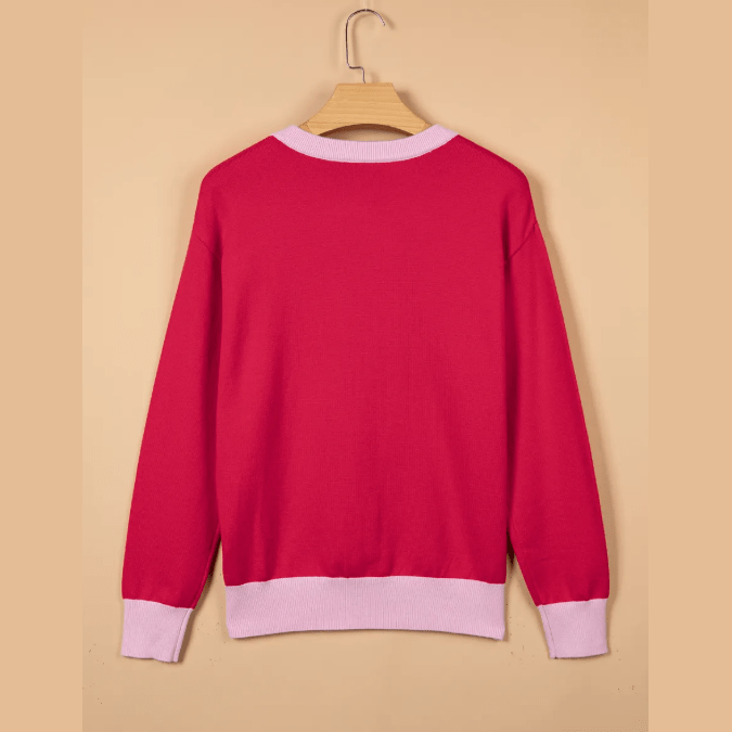 Merry Red Drop Shoulder Round Neck Letter Print Colorblock Sweater