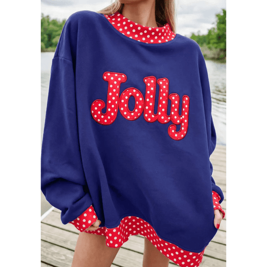 Jolly Polka Dot Letter Print Contrast Trim Mock Neck Sweatshirt