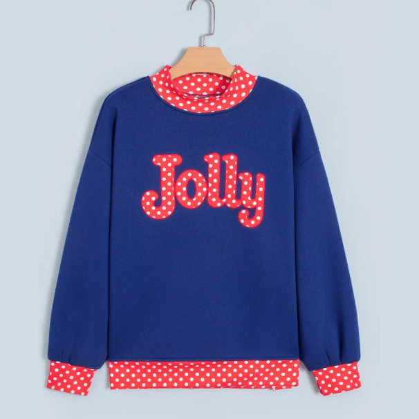Jolly Polka Dot Letter Print Contrast Trim Mock Neck Sweatshirt