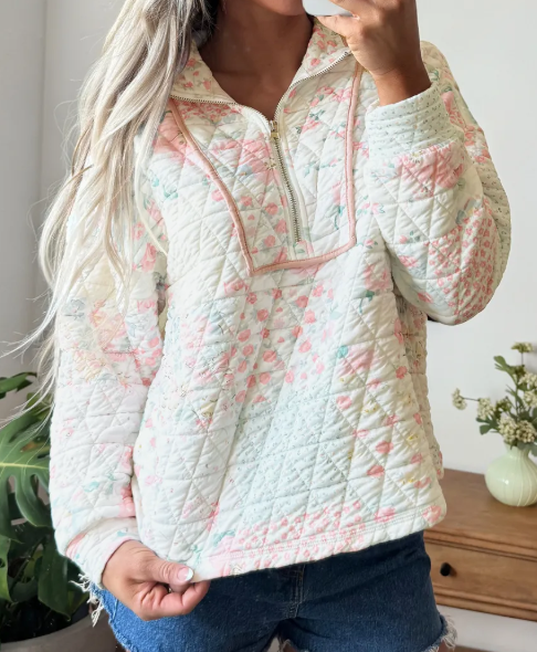 Courtie Floral Quilted Metal Zipper Collar Long Sleeve Sweatshirt