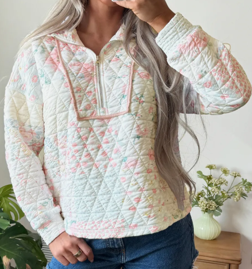 Courtie Floral Quilted Metal Zipper Collar Long Sleeve Sweatshirt