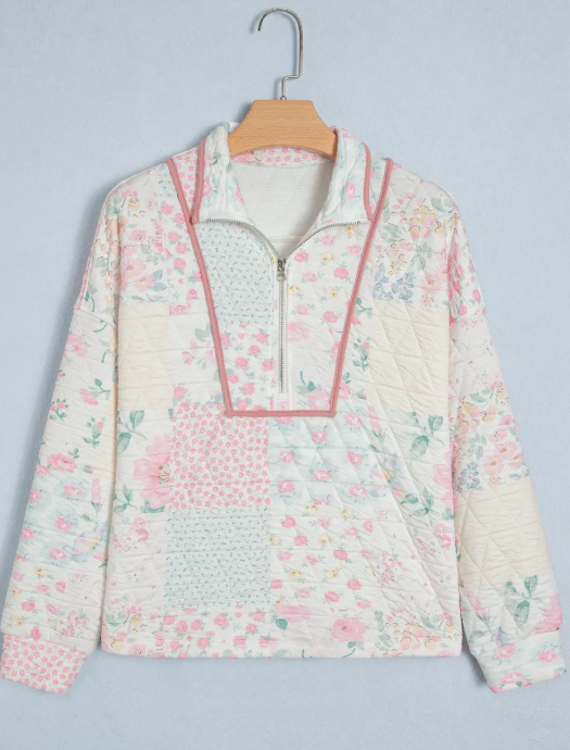 Courtie Floral Quilted Metal Zipper Collar Long Sleeve Sweatshirt