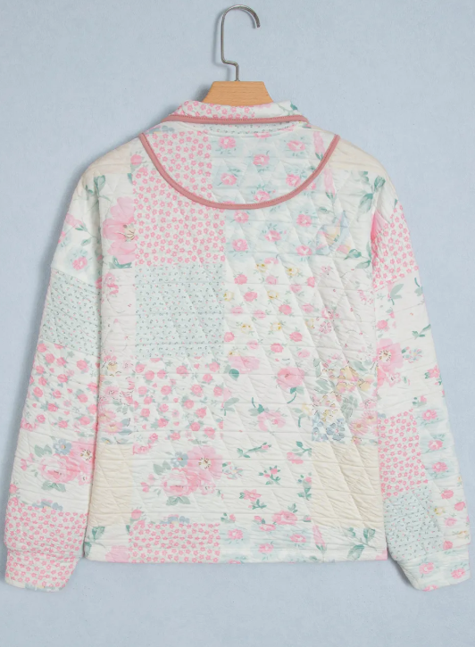 Courtie Floral Quilted Metal Zipper Collar Long Sleeve Sweatshirt