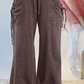 Kimbra Dark Brown Cotton Mineral Wash Elastic Waist Drawstring Tie Detail Cargo Pants
