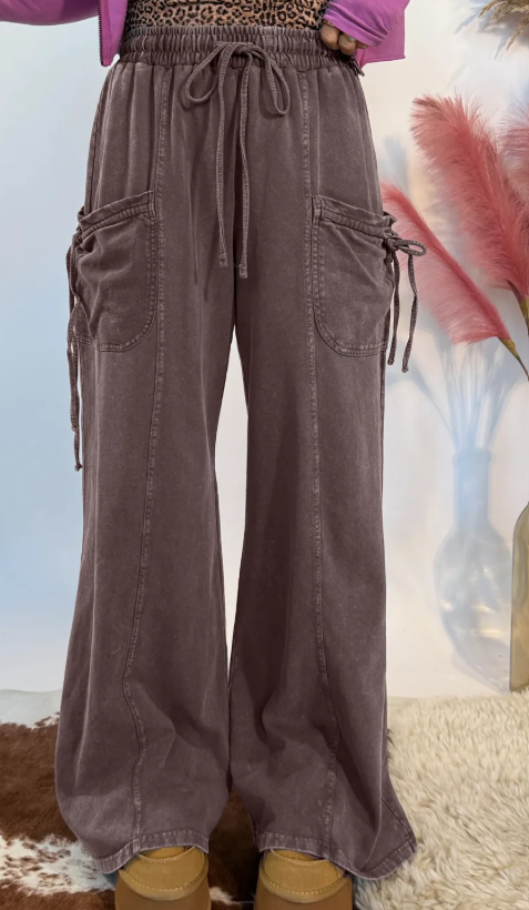 Kimbra Dark Brown Cotton Mineral Wash Elastic Waist Drawstring Tie Detail Cargo Pants